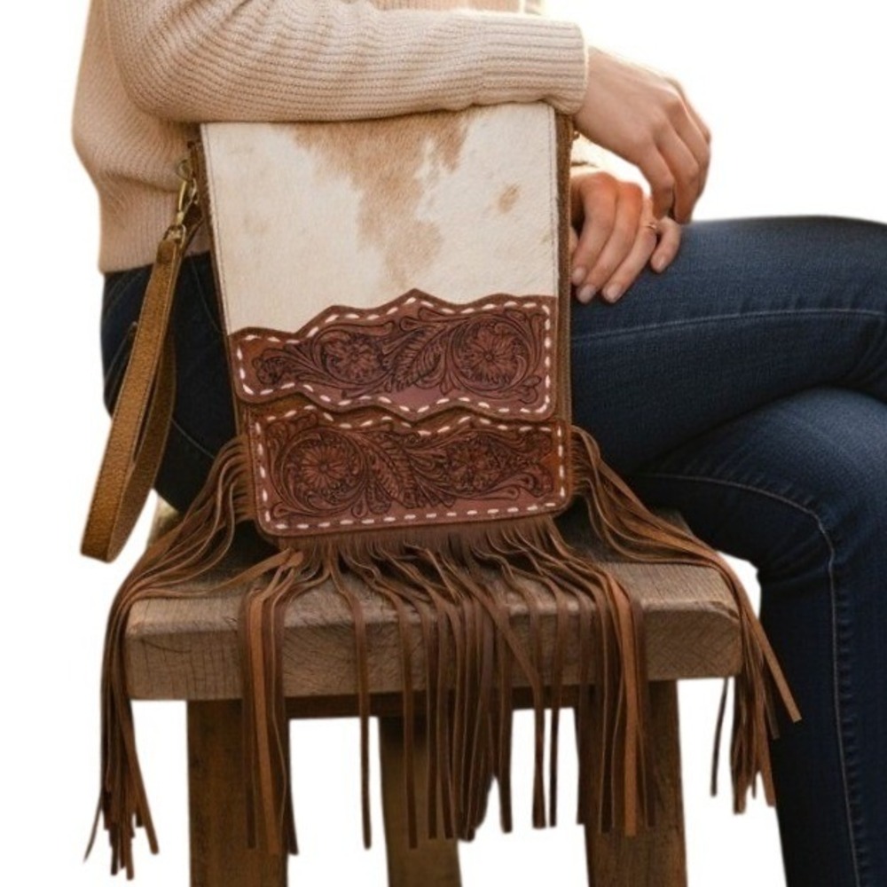 NWT American Bison Western Hair N Cowhide Leather Fringe Crossbody Bag‎ Cowgirl